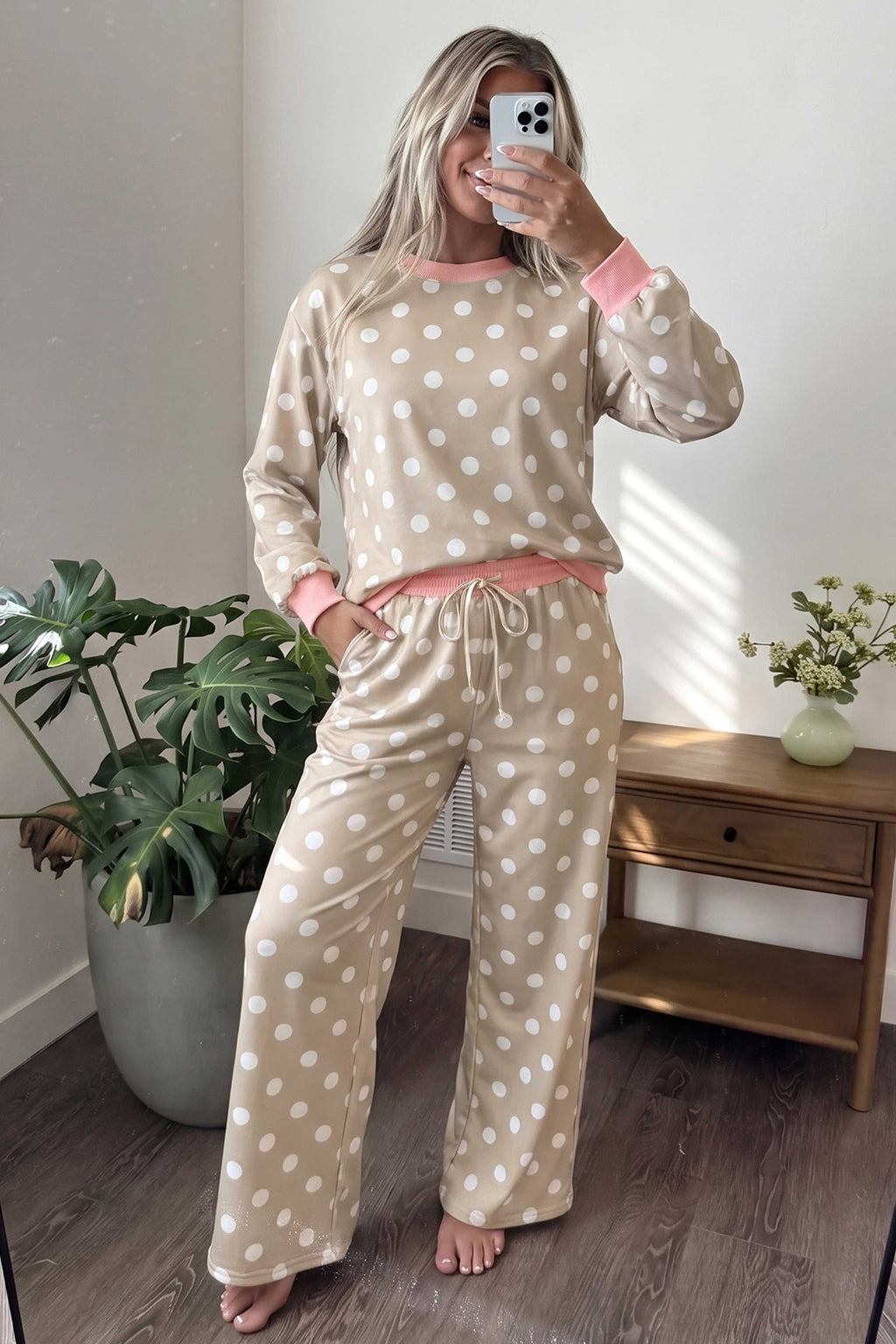 Khaki Polka Dot Contrast Trim Long Sleeve Top Drawstring Shift Pants Set