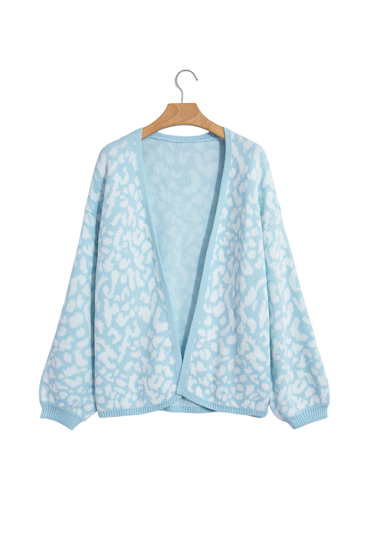 Light Blue Leopard Print V Neck Long Sleeve Loose Fit Knit Cardigan