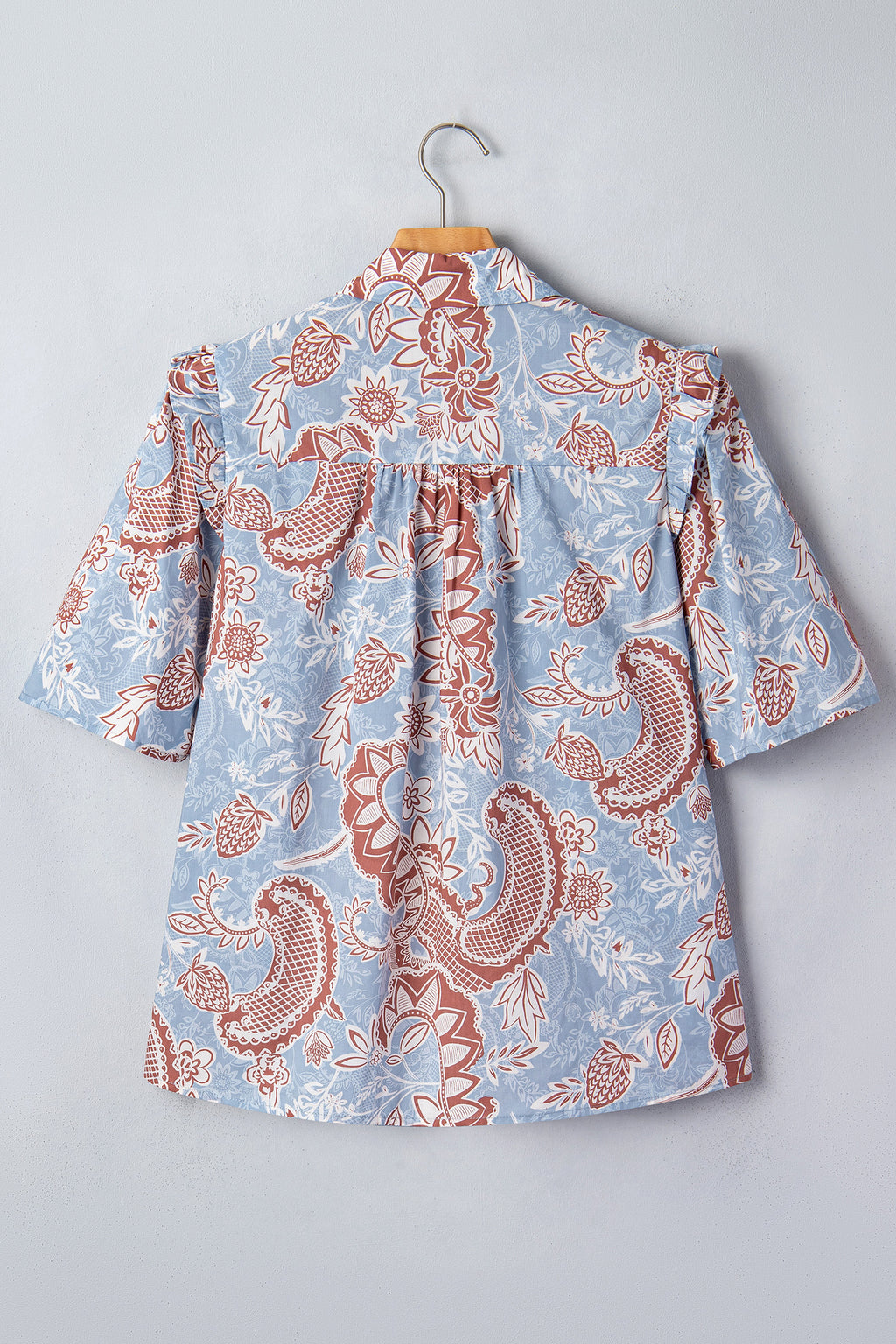 Sky Blue Boho Floral Print Scalloped Trim Button Down Short Sleeve Shirt