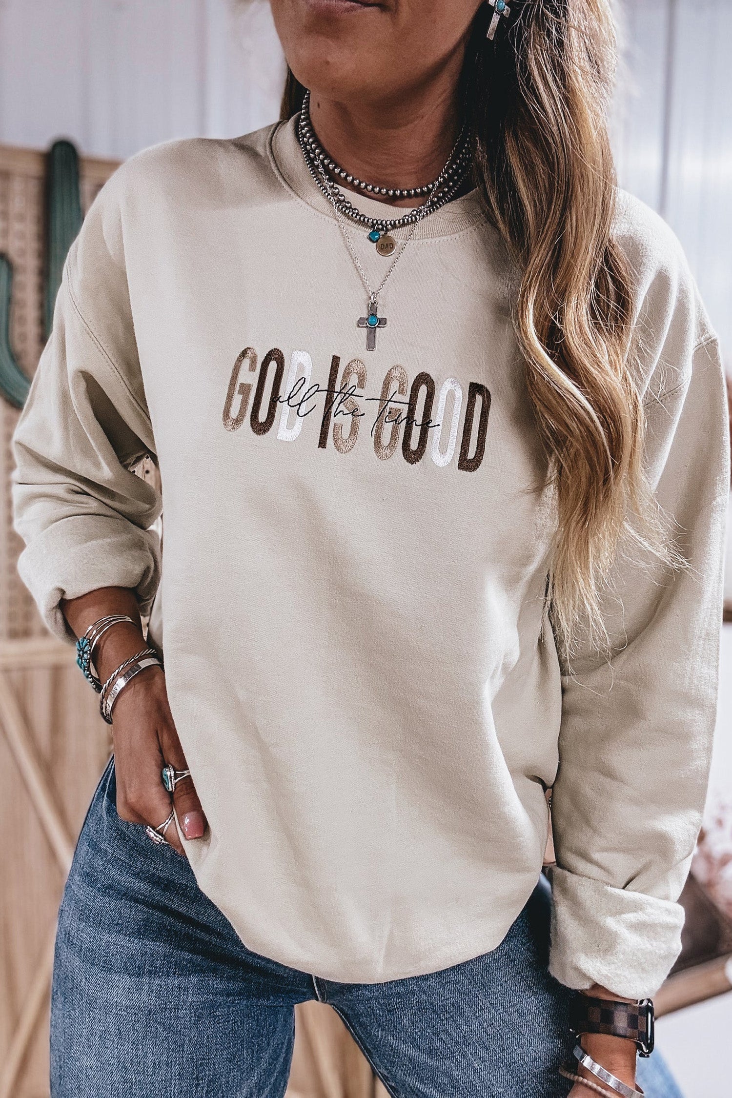 Jet Stream GOD IS GOOD Western Embroidered Letter Crewneck Pullover Sweatshirt