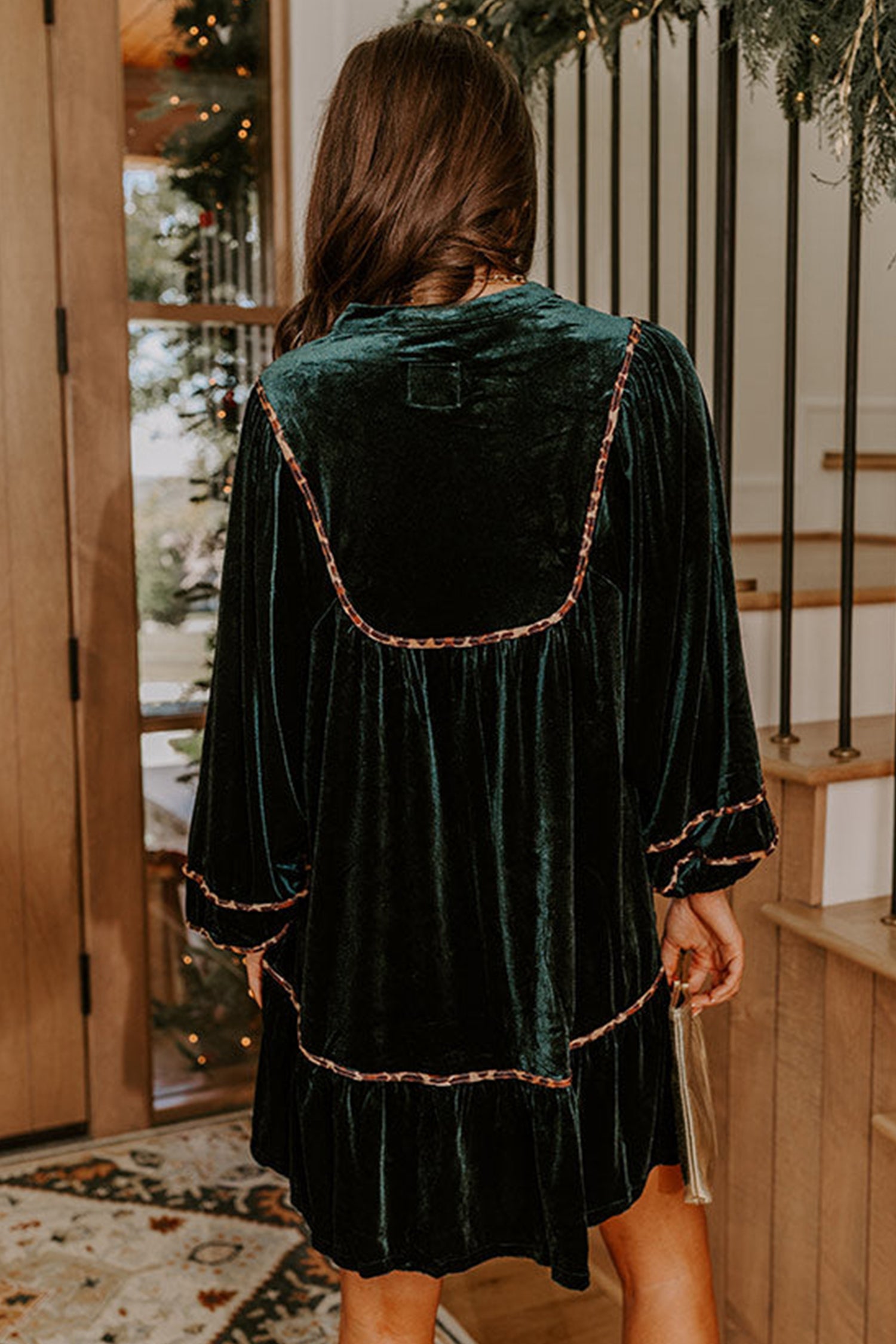 Blackish Green Leopard Trim Velvet Long Sleeve Shift Dress