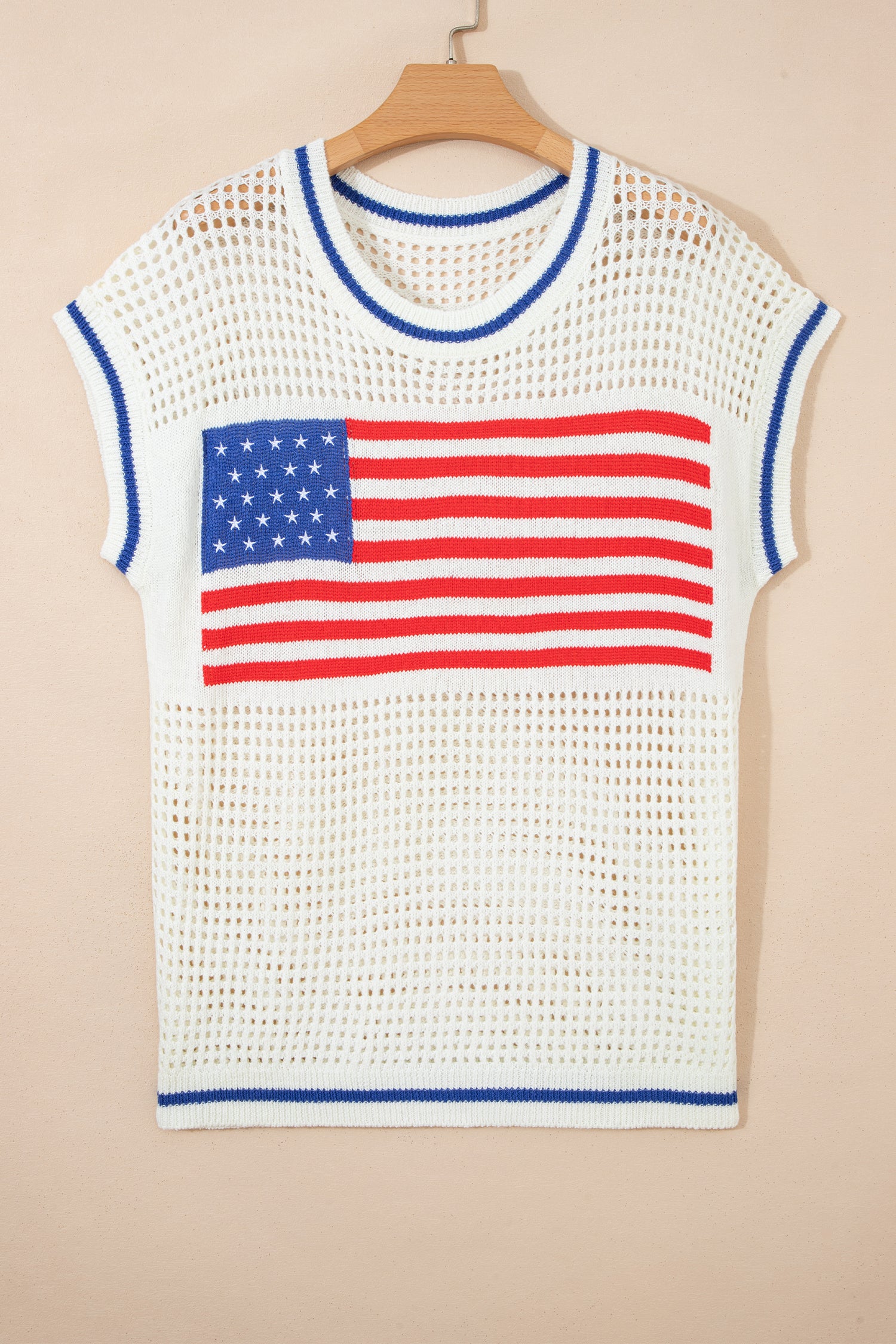 White USA Flag Eyelet Knitted Cap Sleeve Sweater Top