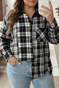 Black Plaid Long Sleeve V Neck Shift Plus Size Shirt Jacket