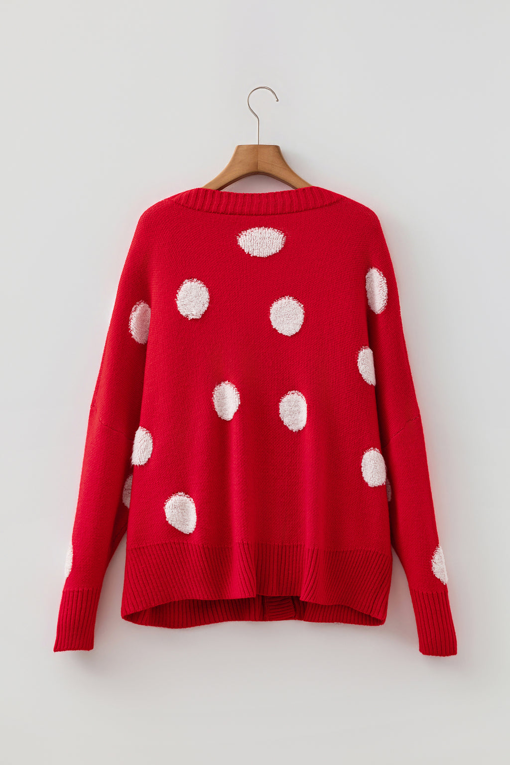 Red Polka Dot Button Front Oversized V Neck Cardigan