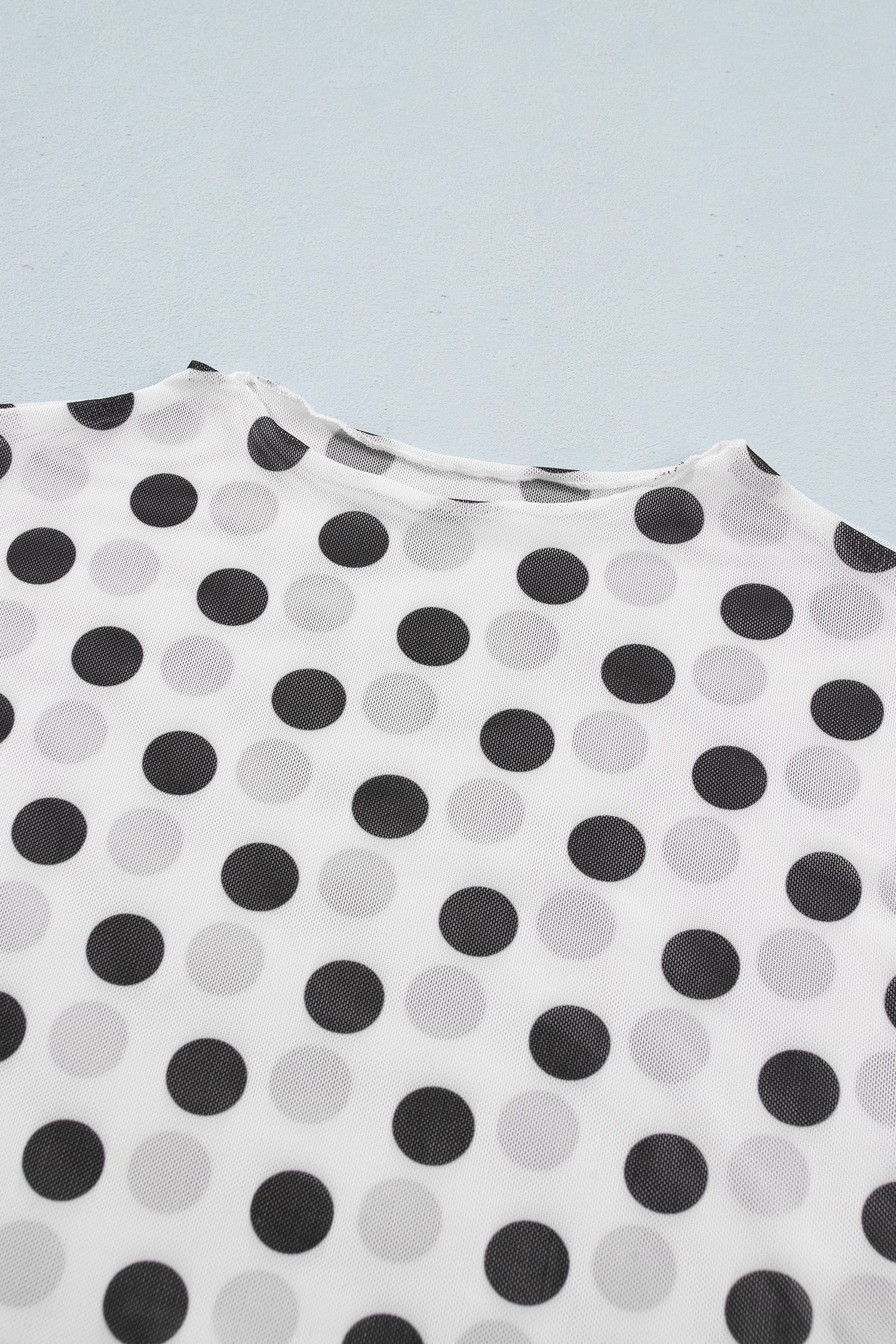 White Polka Dot Sheer Long Sleeve Round Neck Slim Top