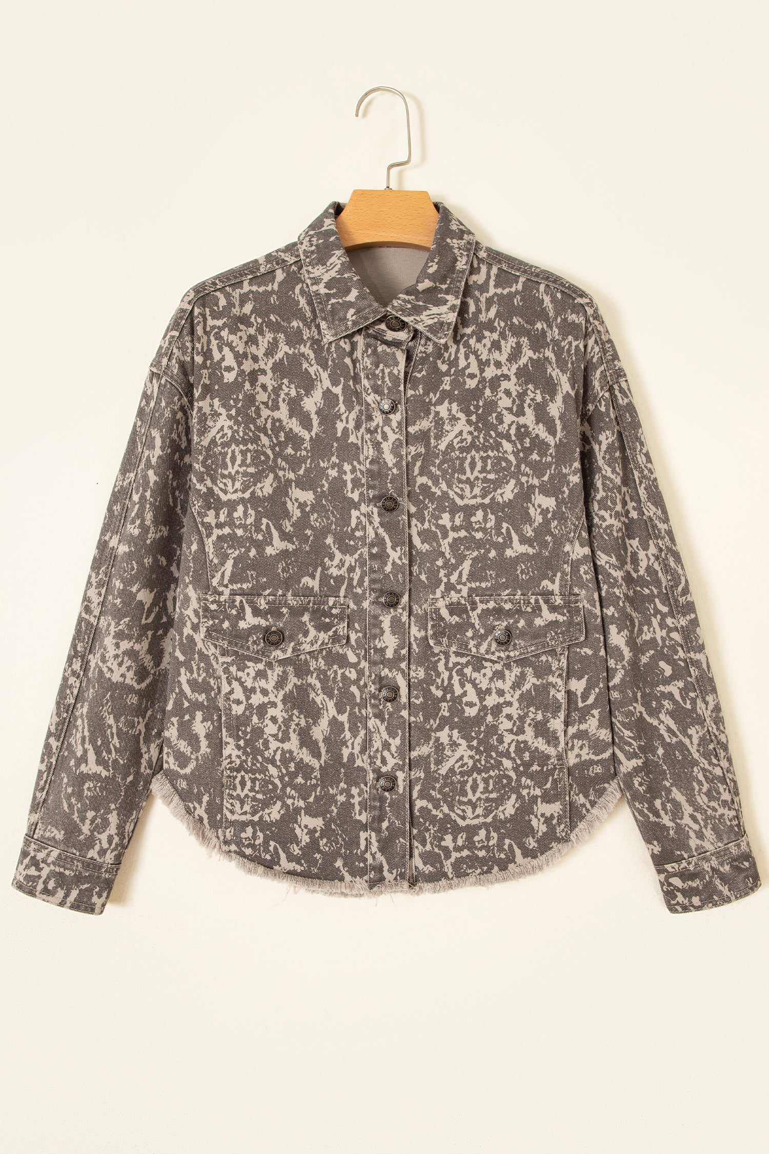 Khaki Abstract Print Long Sleeve Collar Raw Hem Denim Jacket