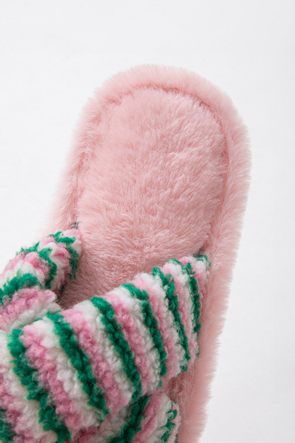Pink Striped Cross Band Soft Plush Open Toe Slippers