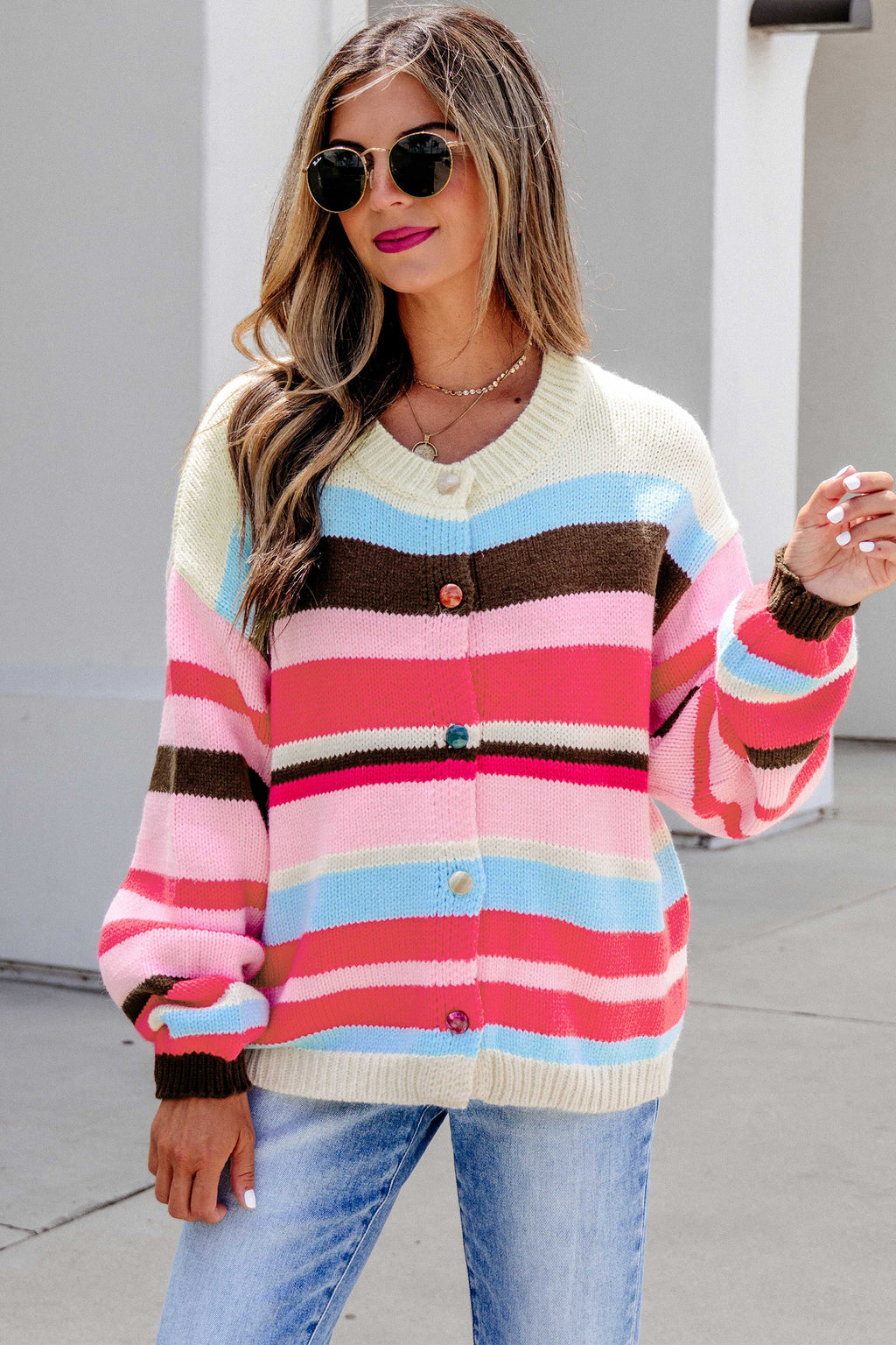 Pink Stripe Striped Colorblock Drop Shoulder Cardigan