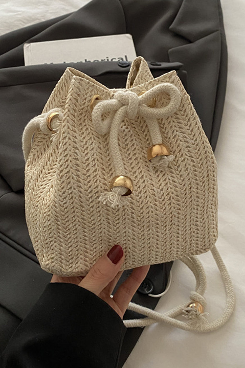 White Boho Straw Woven Drawstring Closure Mini Bucket Bag