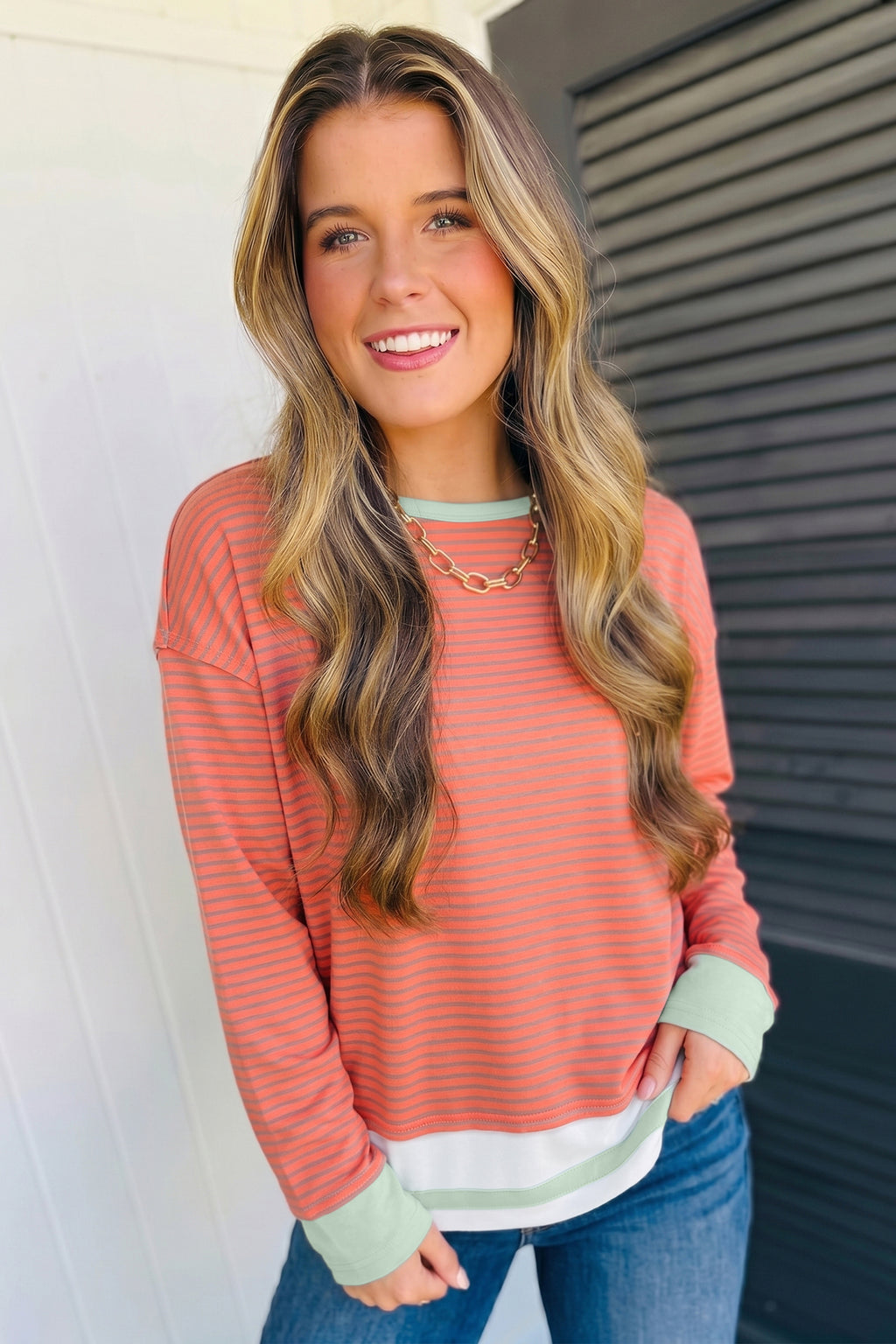 Orange Stripe Colorblock Detail Raw Seam Long Sleeve Top
