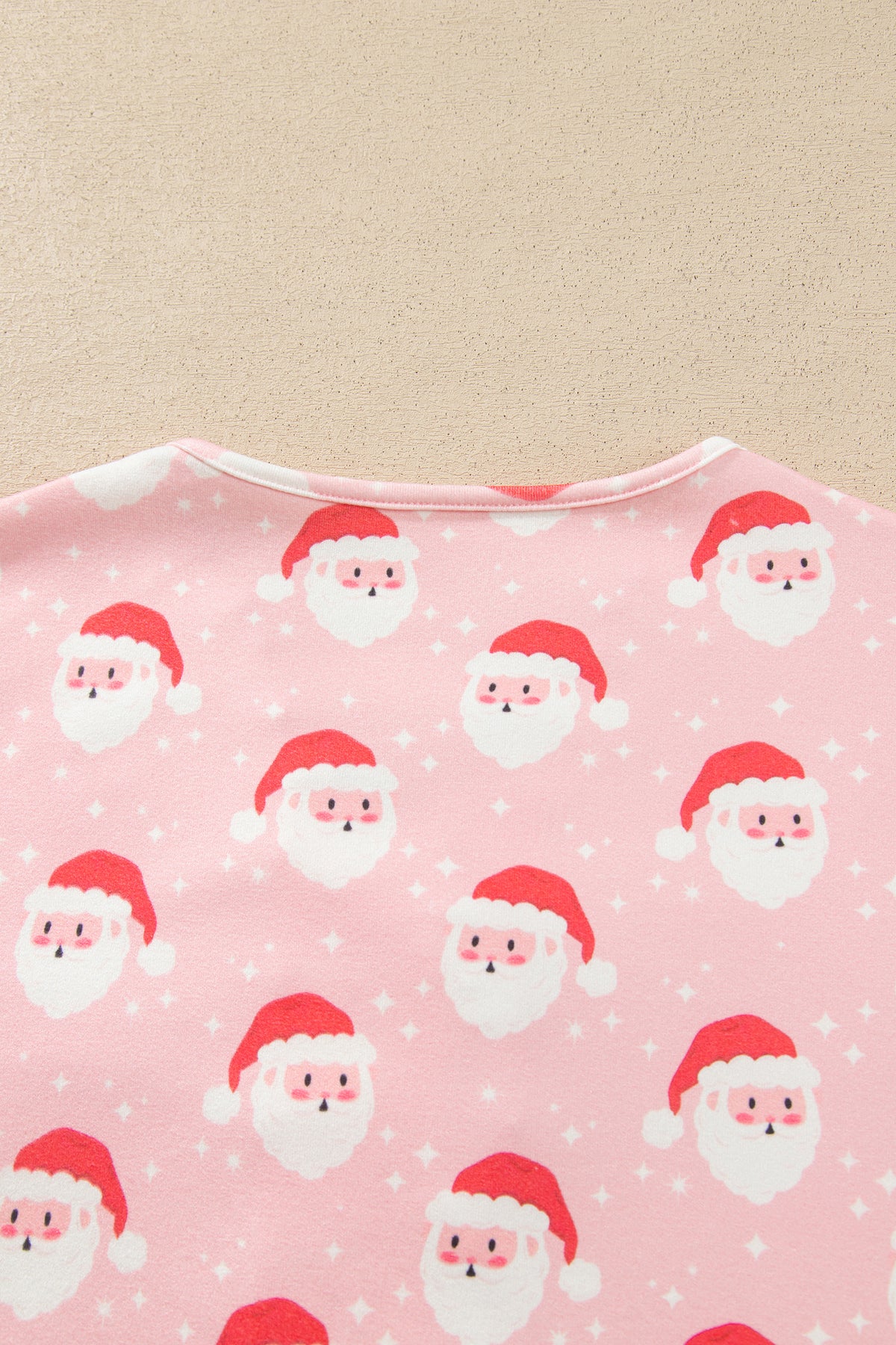 Pink Christmas Santa Print Frilled Button Front Long Sleeve Top Lounge Pant Set