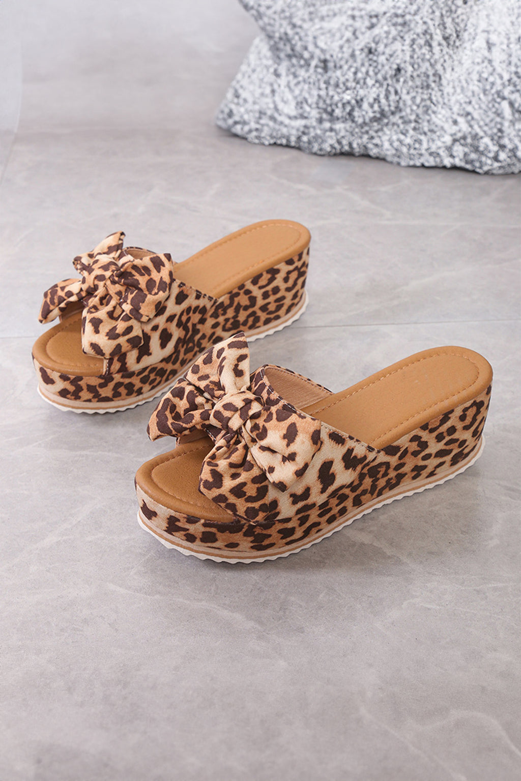 Thai Curry Retro Leopard Bow Wedge Platform Slippers