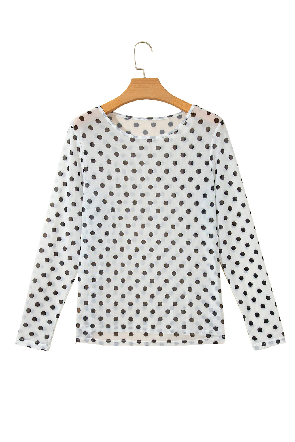 Black Polka Dot Sheer Mesh Long Sleeve Round Neck Shift Blouse