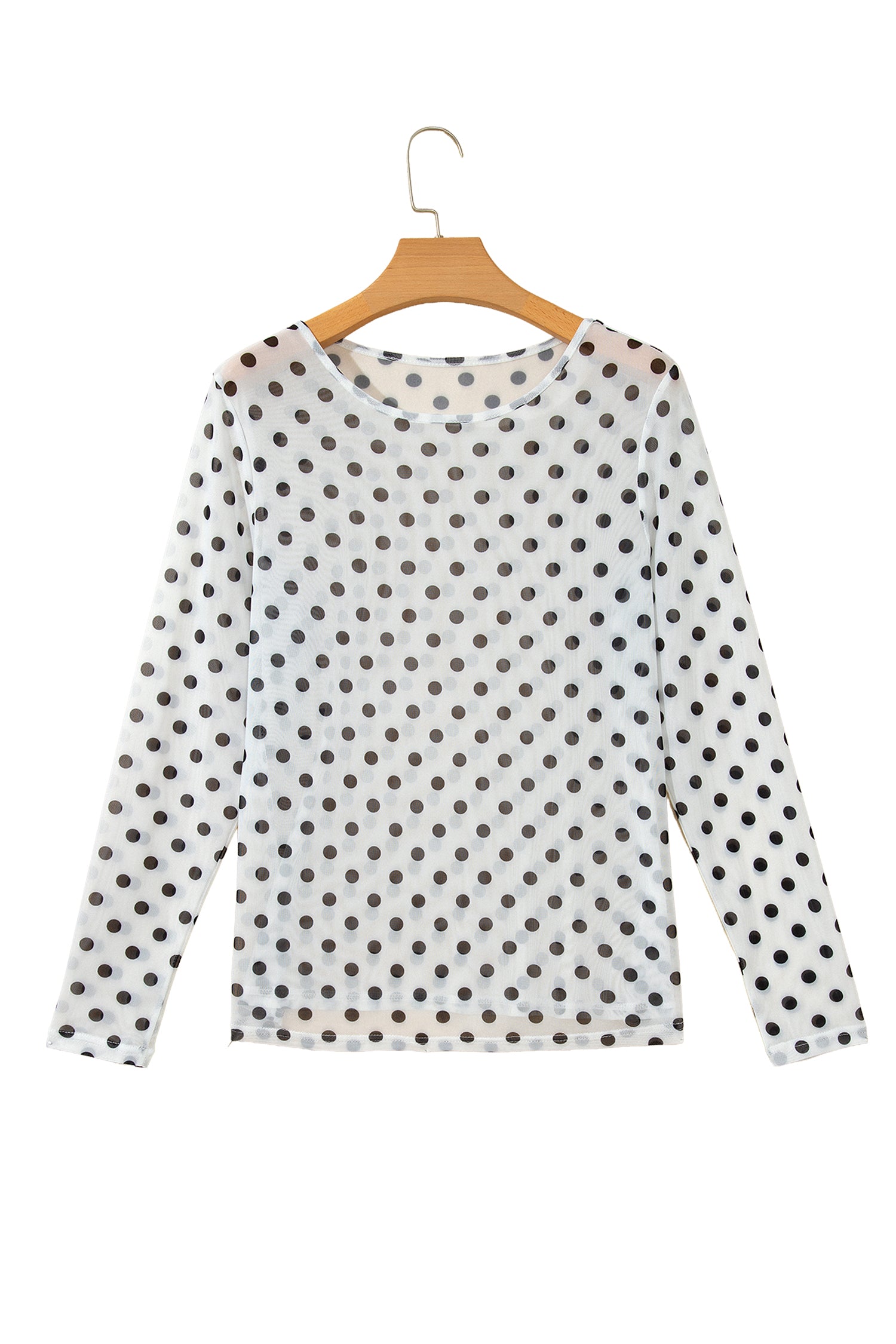 Black Polka Dot Sheer Mesh Long Sleeve Round Neck Shift Blouse