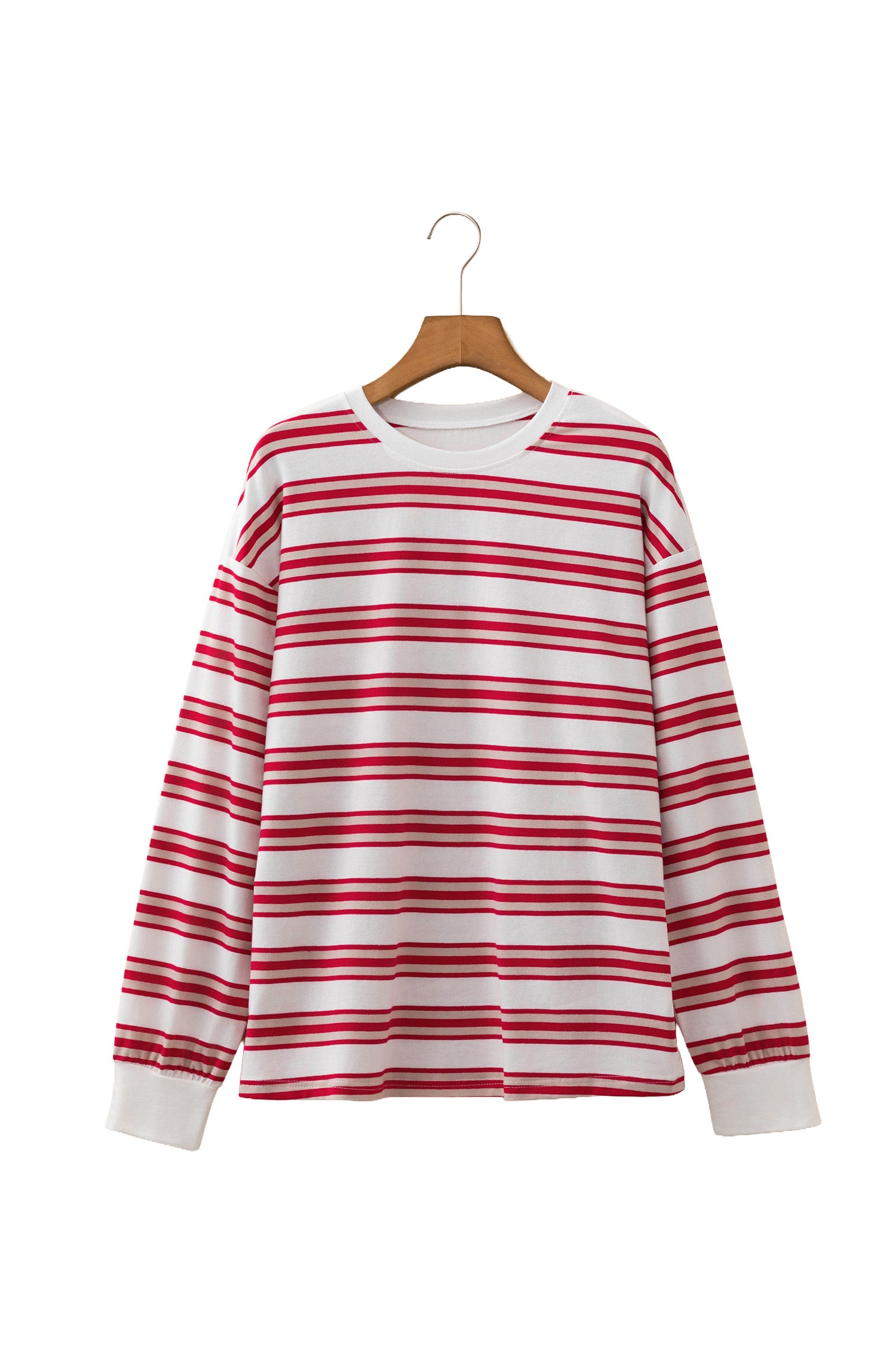 Red Stripe Dropped Shoulder Long Sleeve Casual Pullover Top