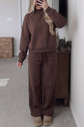 Coffee Solid Color Piping Trim Mock Neck Pullover Drawstring Pants Set