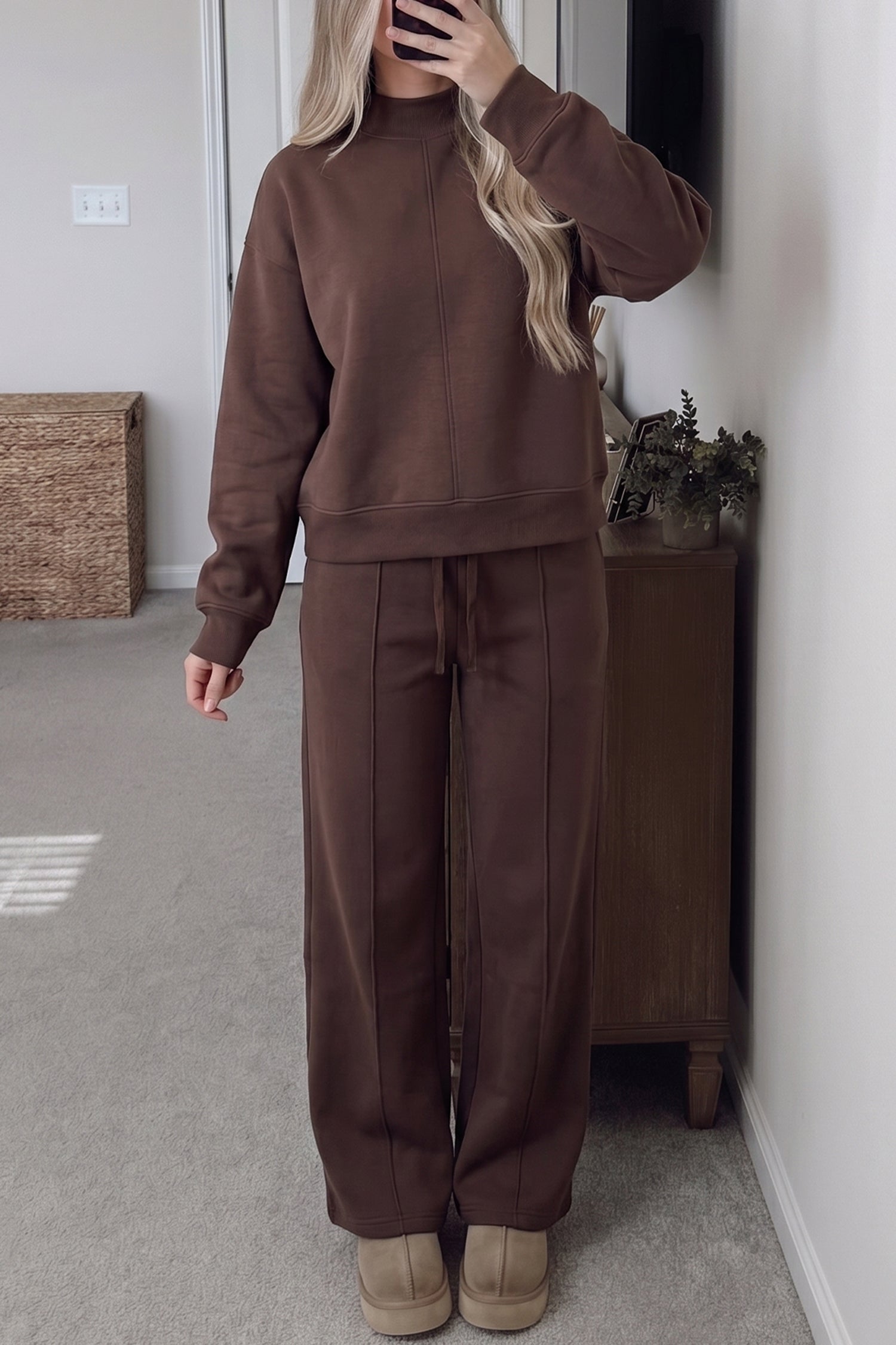 Coffee Solid Color Piping Trim Mock Neck Pullover Drawstring Pants Set
