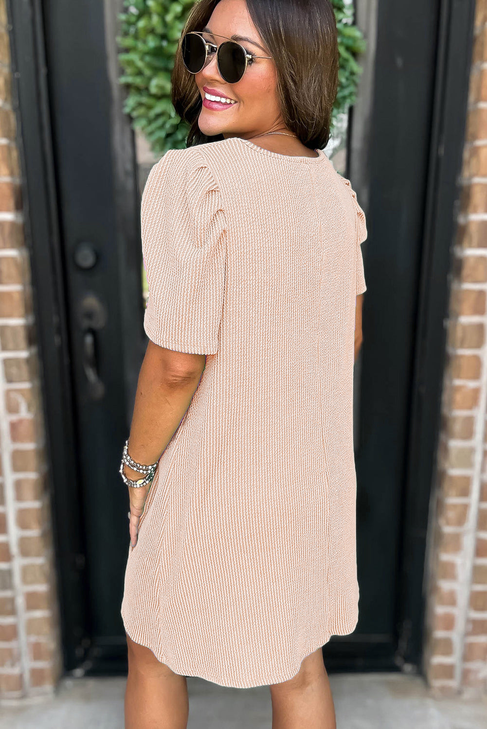 Blossom Corded Knit Crew Neck Puff Sleeve Shift Mini Dress