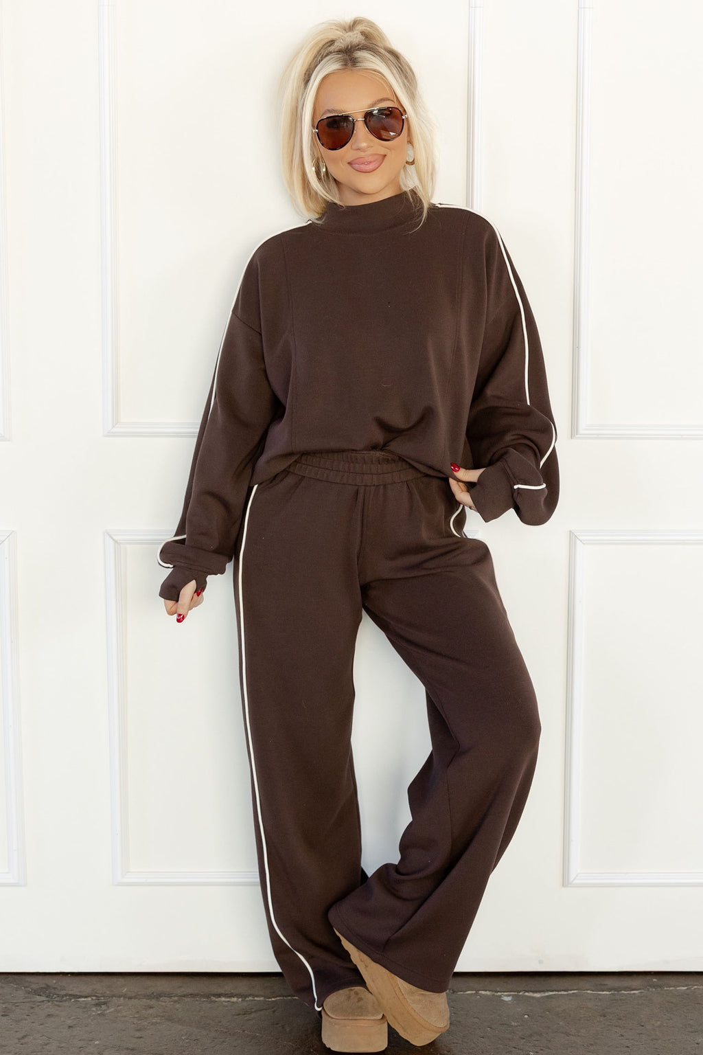 Coffee Sporty Piping Trim Mock Neck Pullover Relaxed 2pcs Pant Set