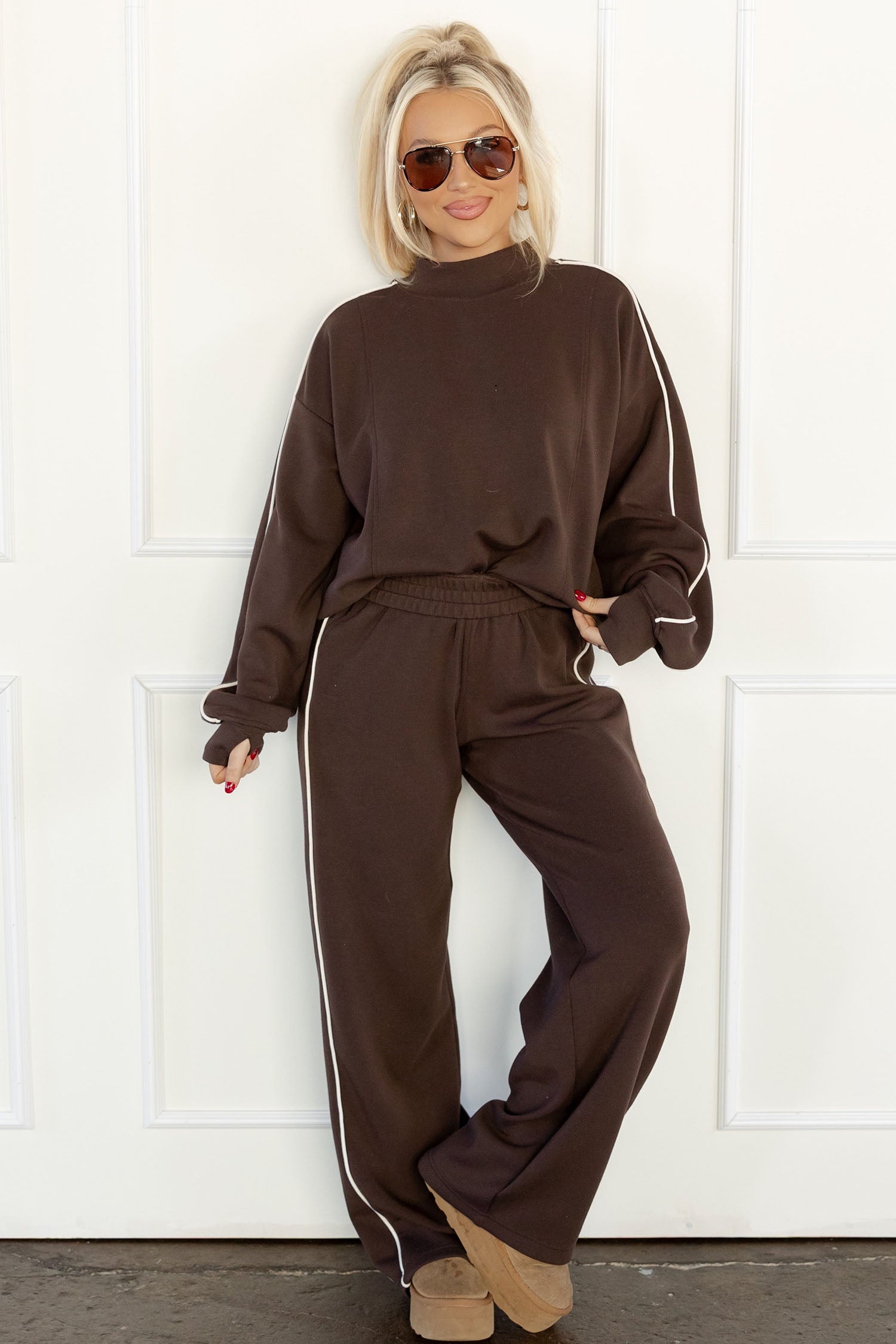Coffee Sporty Piping Trim Mock Neck Pullover Relaxed 2pcs Pant Set
