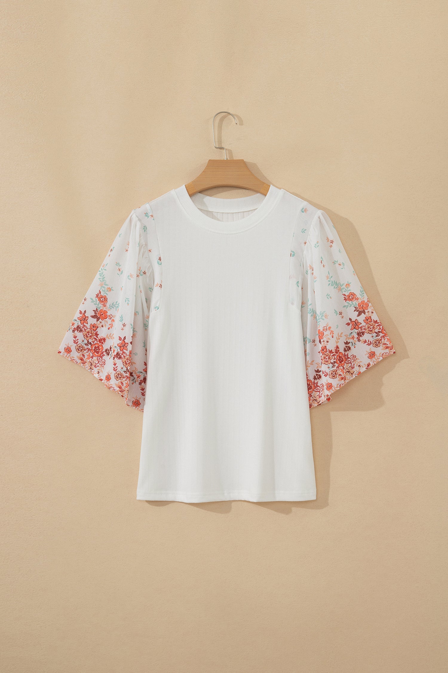 White Ribbed Texture Floral Print Half Sleeve Patchwork Top