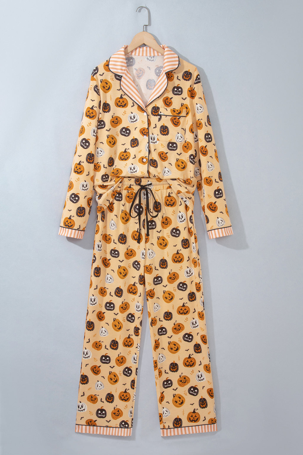 Orange Halloween Pumpkin Print Two Piece Long Sleeve Lounge Set