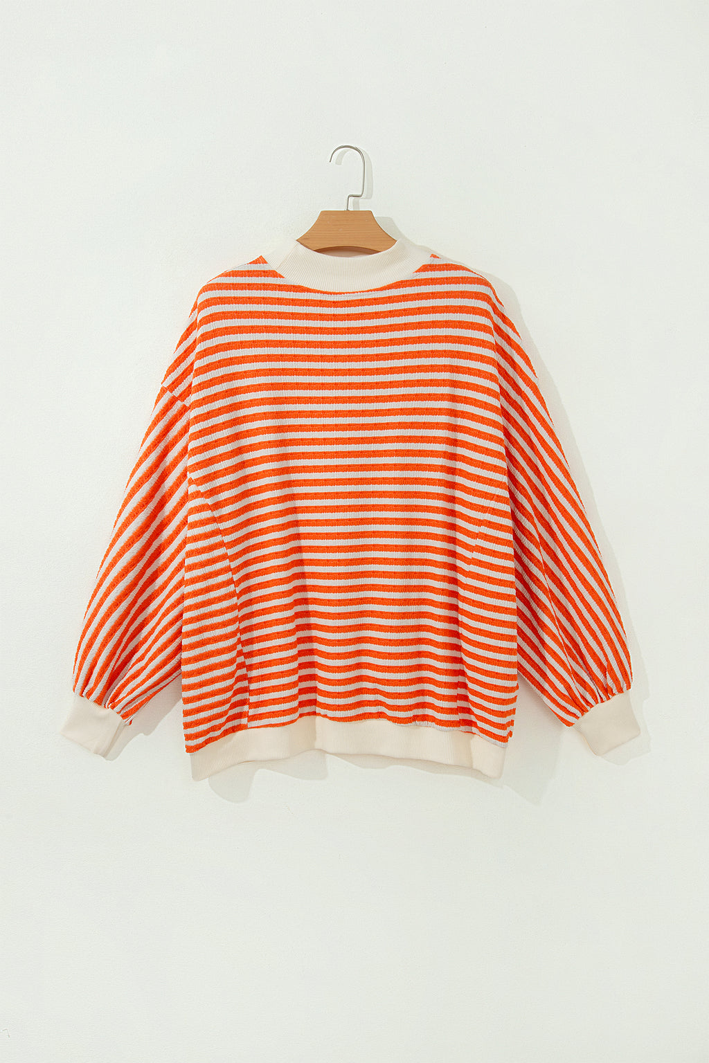 Orange Stripe Striped Textured Stand Neck Oversized Long Sleeve Top