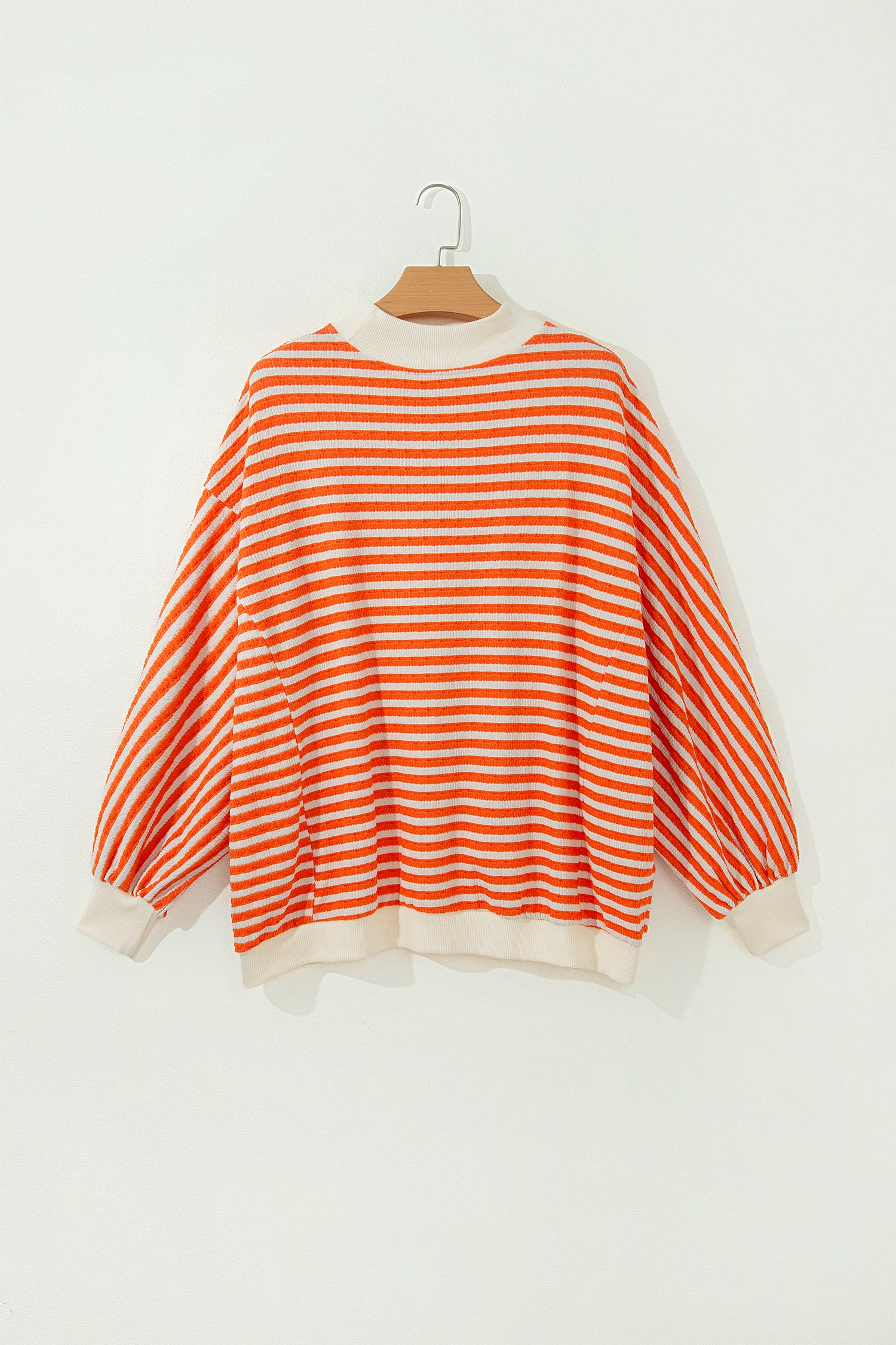 Orange Stripe Striped Textured Stand Neck Oversized Long Sleeve Top