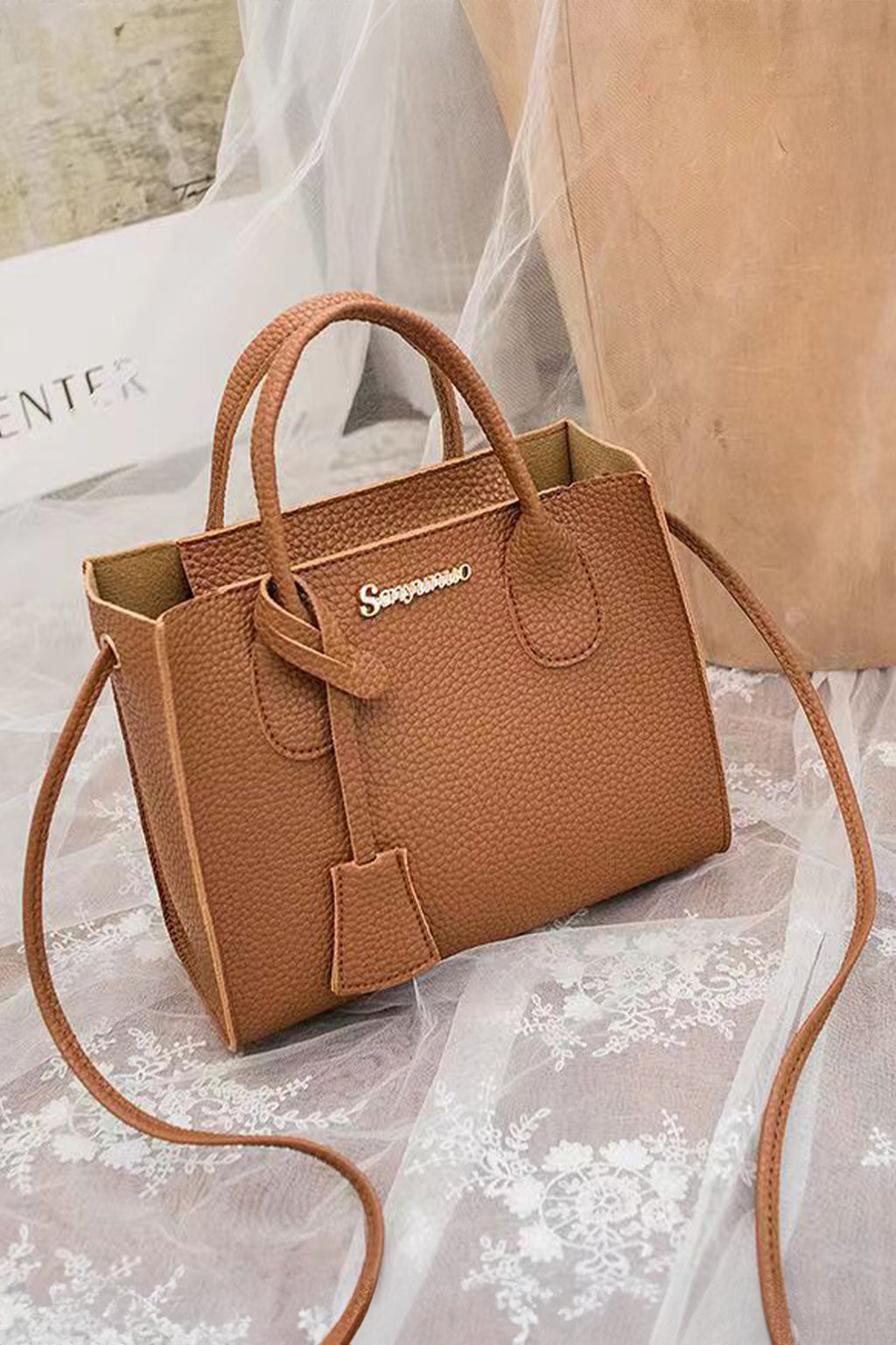 Camel Minimalist PU Leather Handle Shoulder Bag