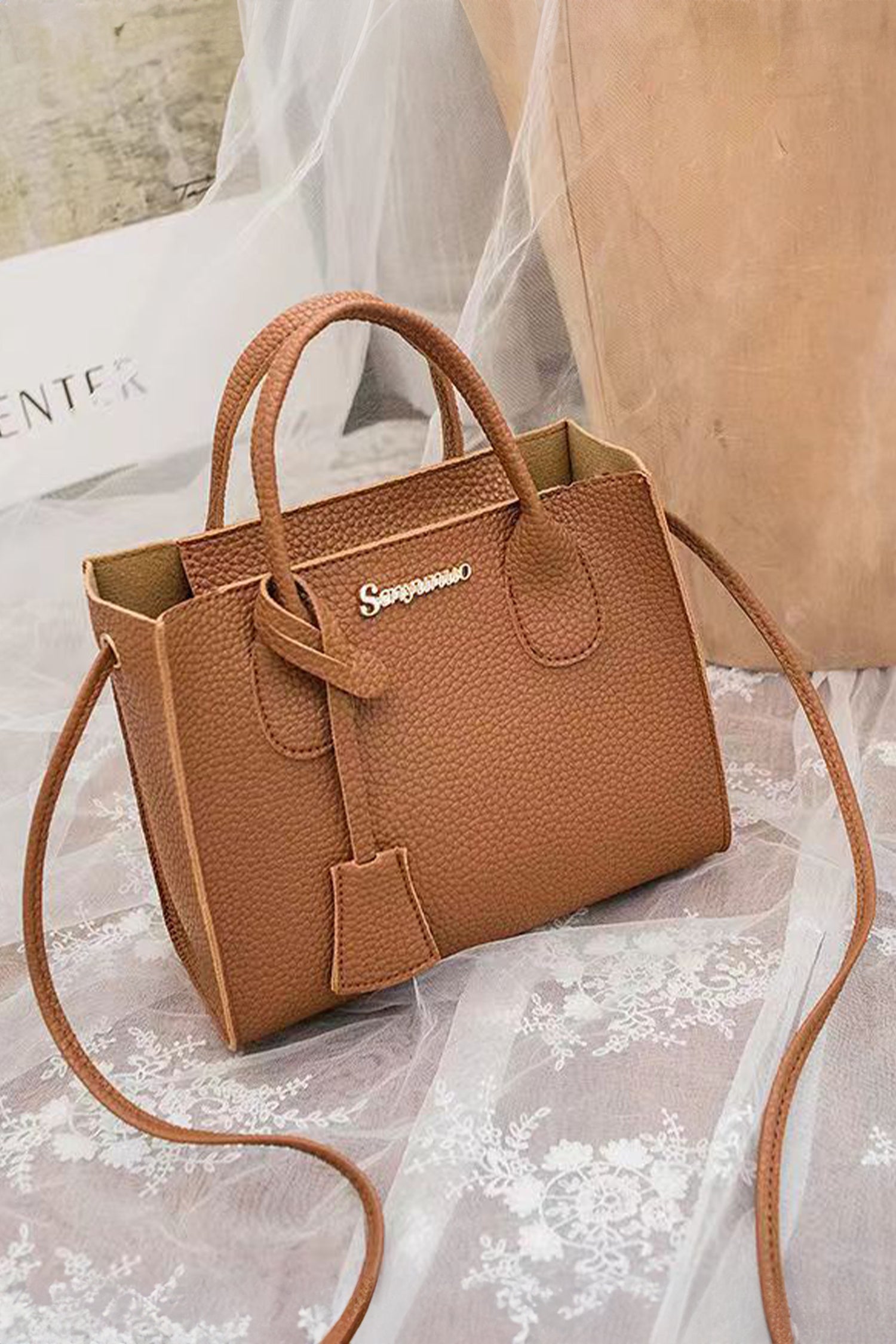 Camel Minimalist PU Leather Handle Shoulder Bag