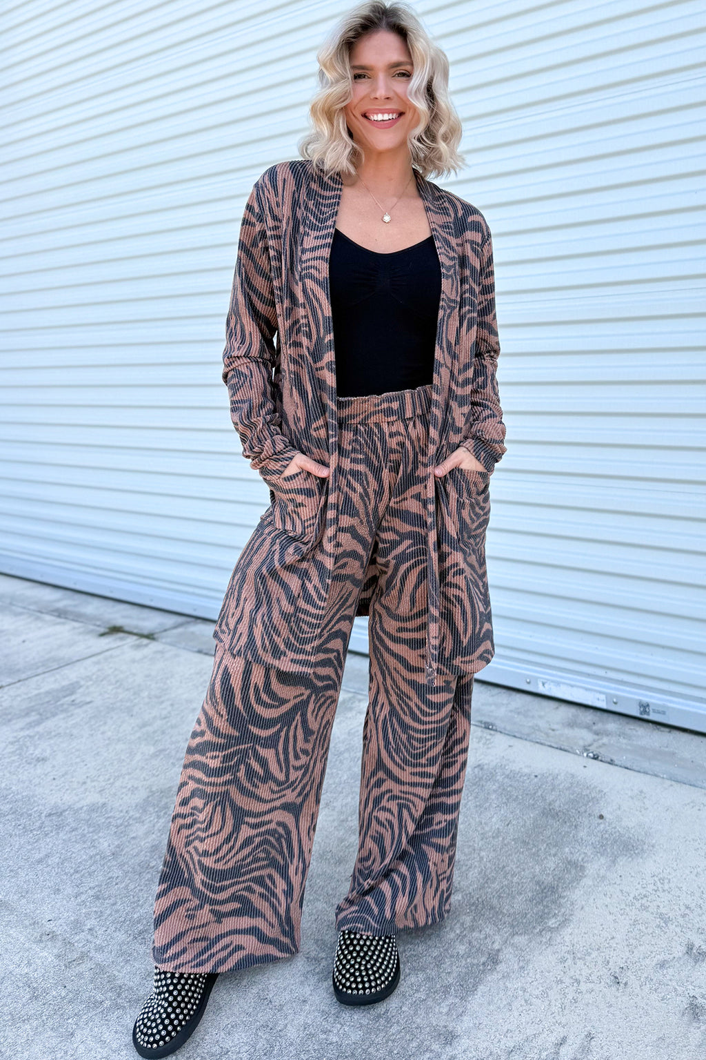 Khaki Twisted Ribbed Zebra Print Open Cardigan Wide Leg Pant Set