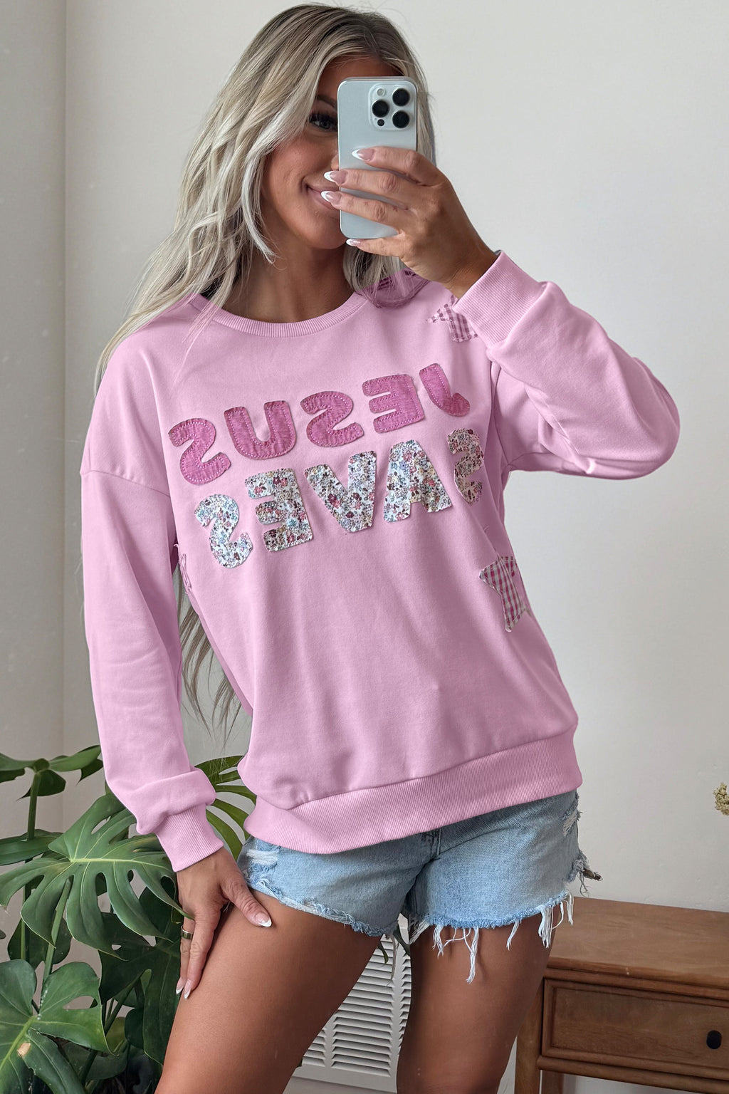 Pink Patchwork Stars Plaid Unique Floral Letters Baggy Sweatshirt