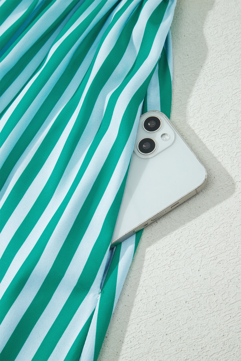 Green Stripe Scalloped Contrast Patchwork Knot Strap Midi Dress