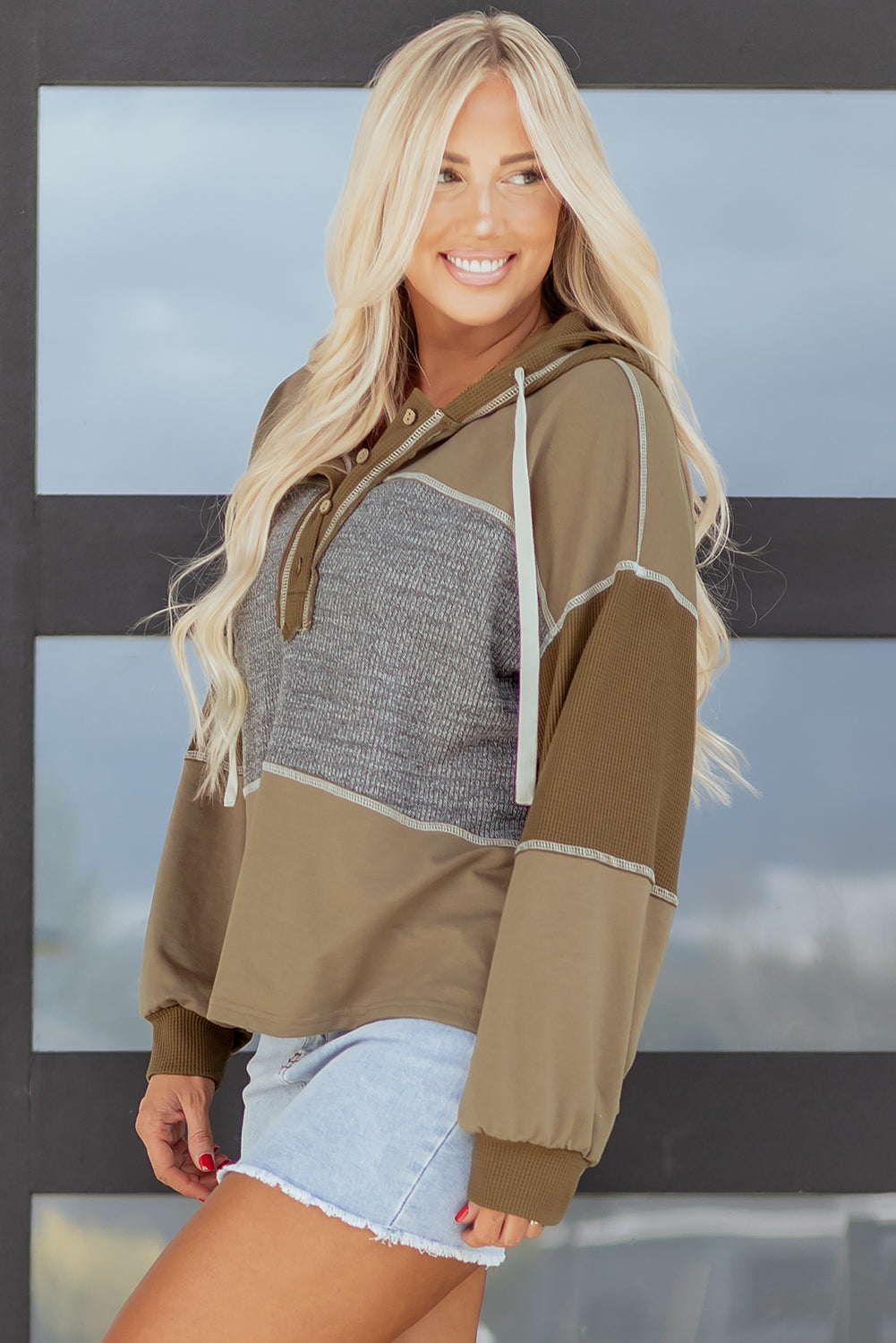 Jungle Green Mixed Texture Patchwork Exposed Seam Half Button Pullover Hooded Sweatshirt