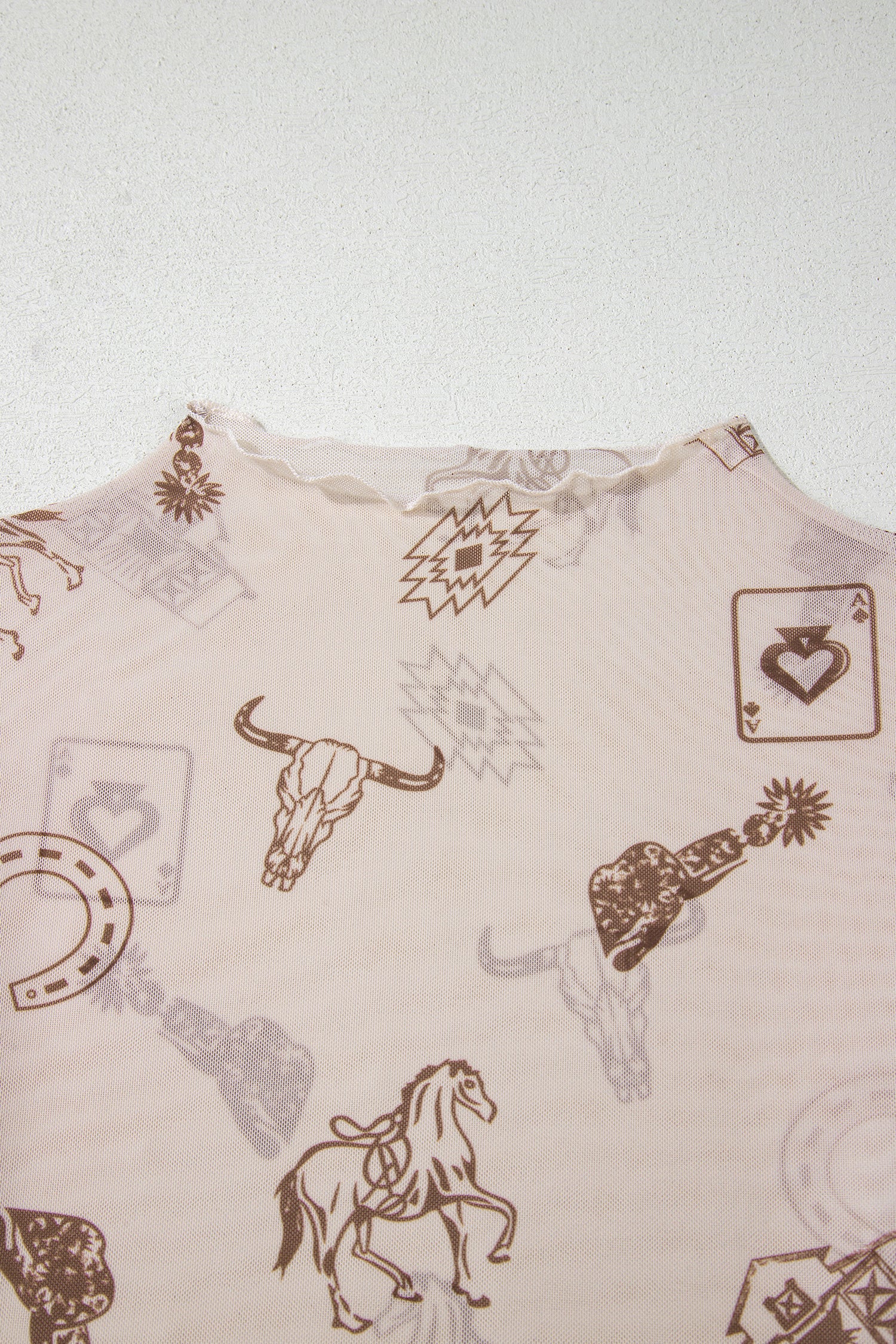 Oatmeal Western Print Slim Fit Mesh Long Sleeve Mock Neck Top