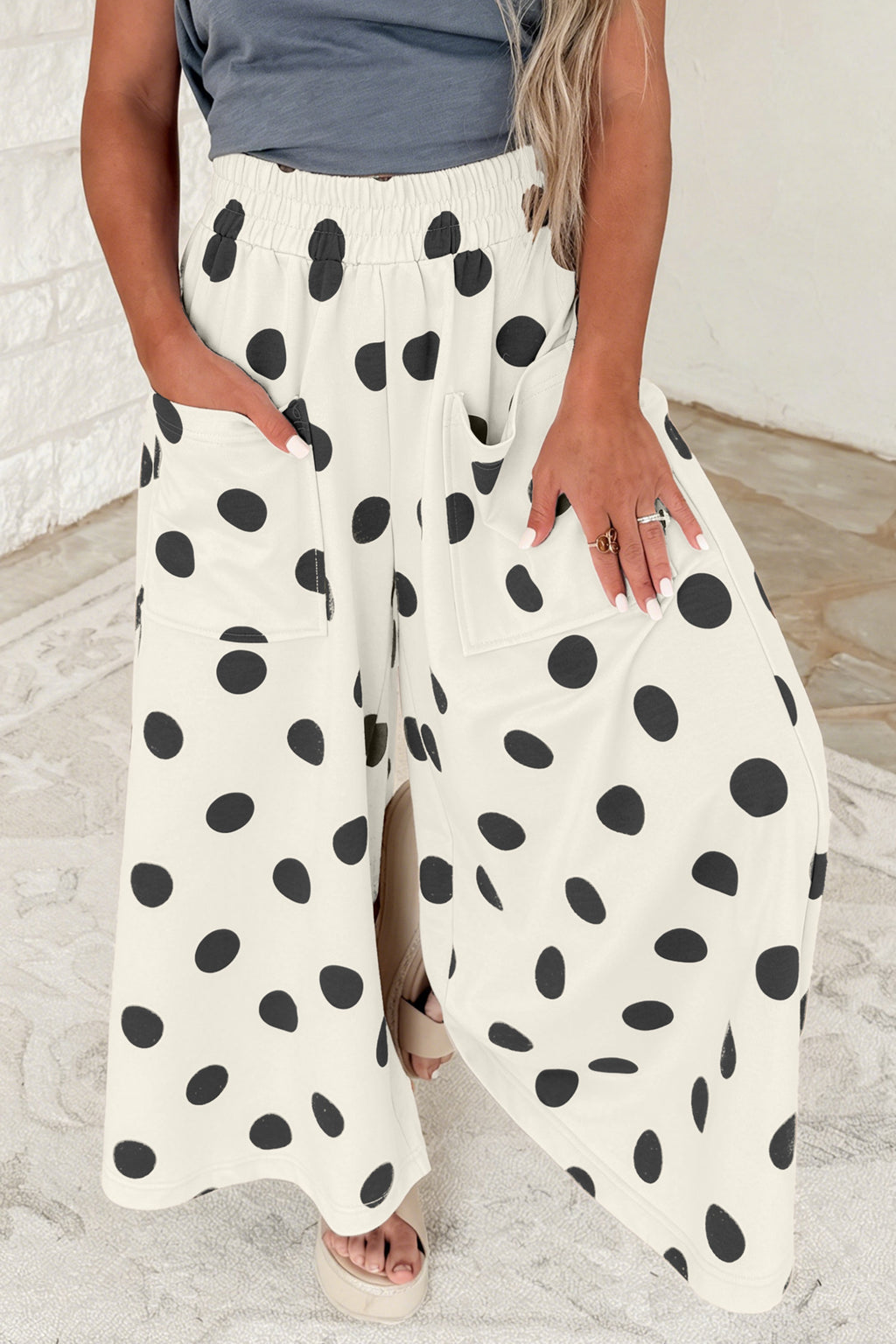 Sky Blue Polka Dot Wide Leg Elastic Waist Casual Pants