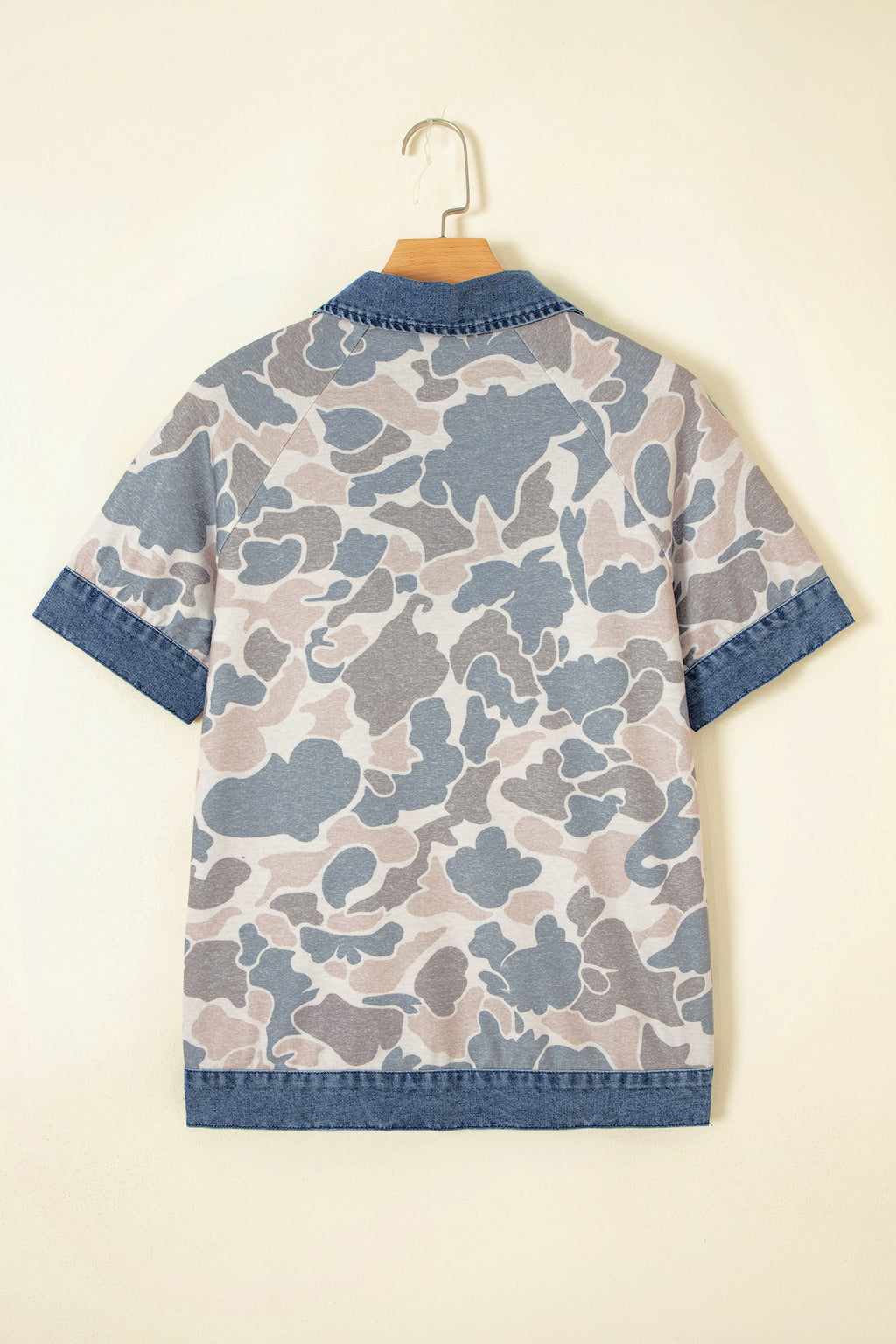 Multicolour Camouflage Print Denim Patchwork Polo Collar Tee