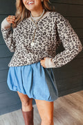 Beige Leopard Print Ribbed Color Block Trim Pullover Sweater