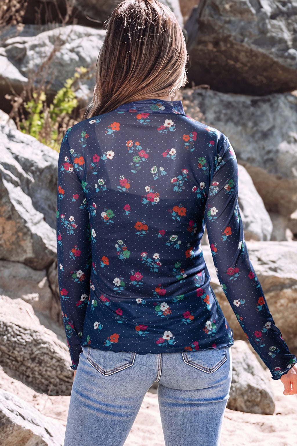 Blue Polka Dot Floral Mesh Long Sleeve High Neck Pullover Sheath Top