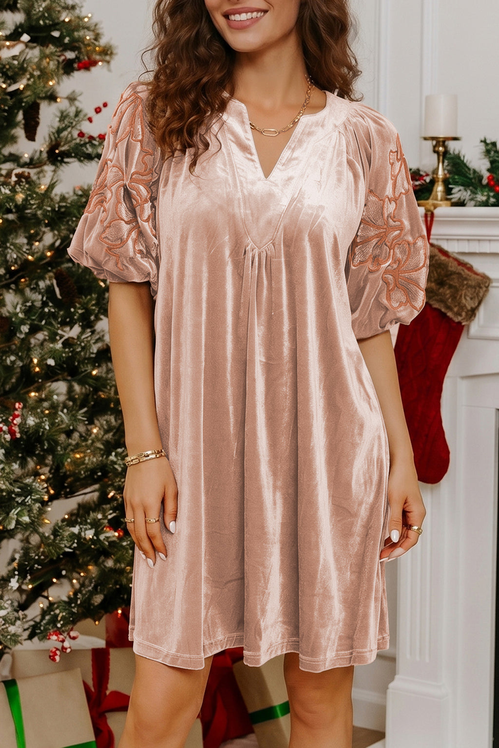 Light French Beige Embroidered Sleeve Velvet Mini Shift Dress