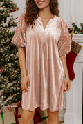 Light French Beige Embroidered Sleeve Velvet Mini Shift Dress