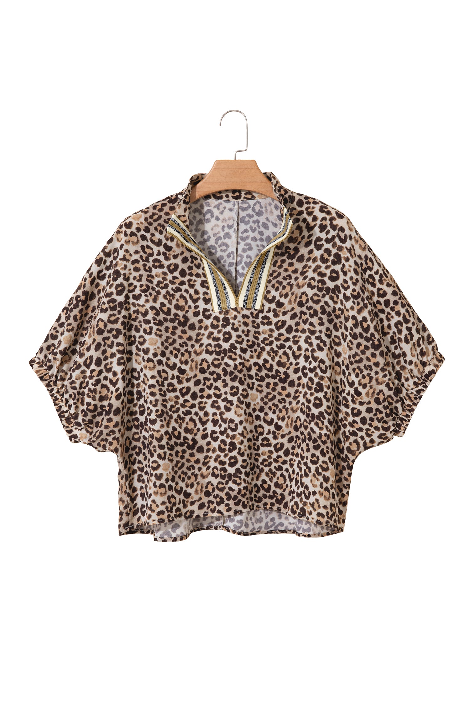 Leopard Contrast Trim V Neck Half Sleeve Western Dolman Blouse