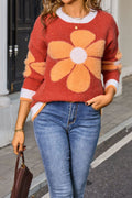 Gold Flame Plush Flower Pattern Ribbed Detail Cozy Sweater