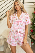 Pink Santa Print Paneling Shift Silhouette Short Sleeve Lounge Set