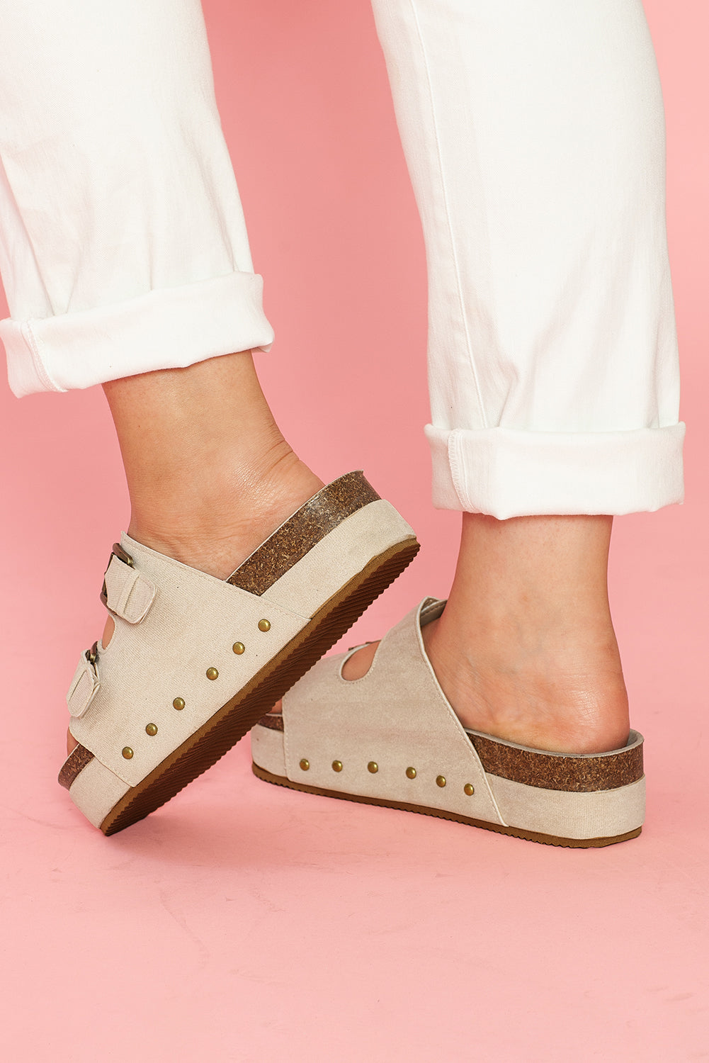 Chestnut Suede Buckle Decor Footbed Sandal Slippers
