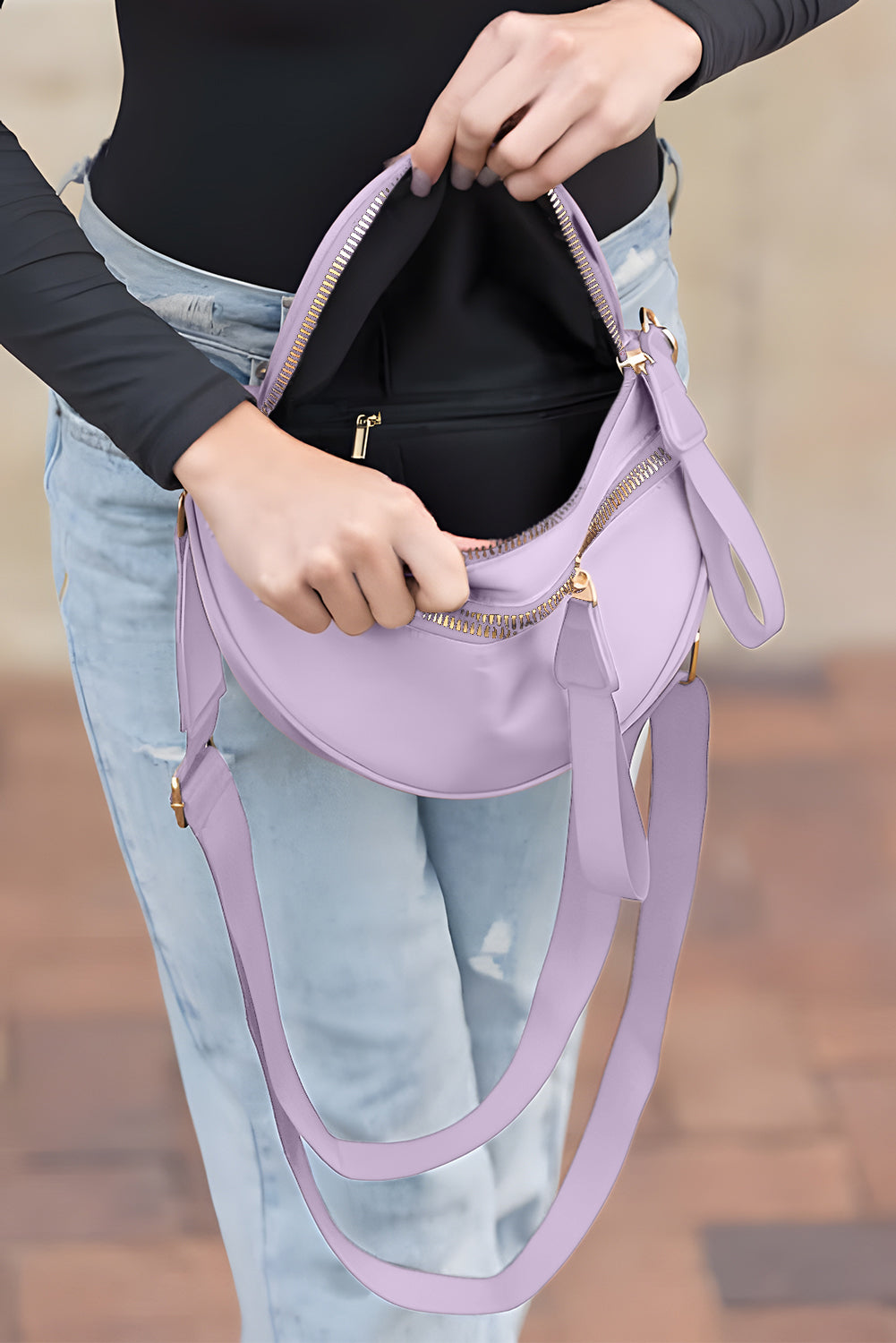 Camel Double Zip Crescent Shape Adjustable Sling Bag
