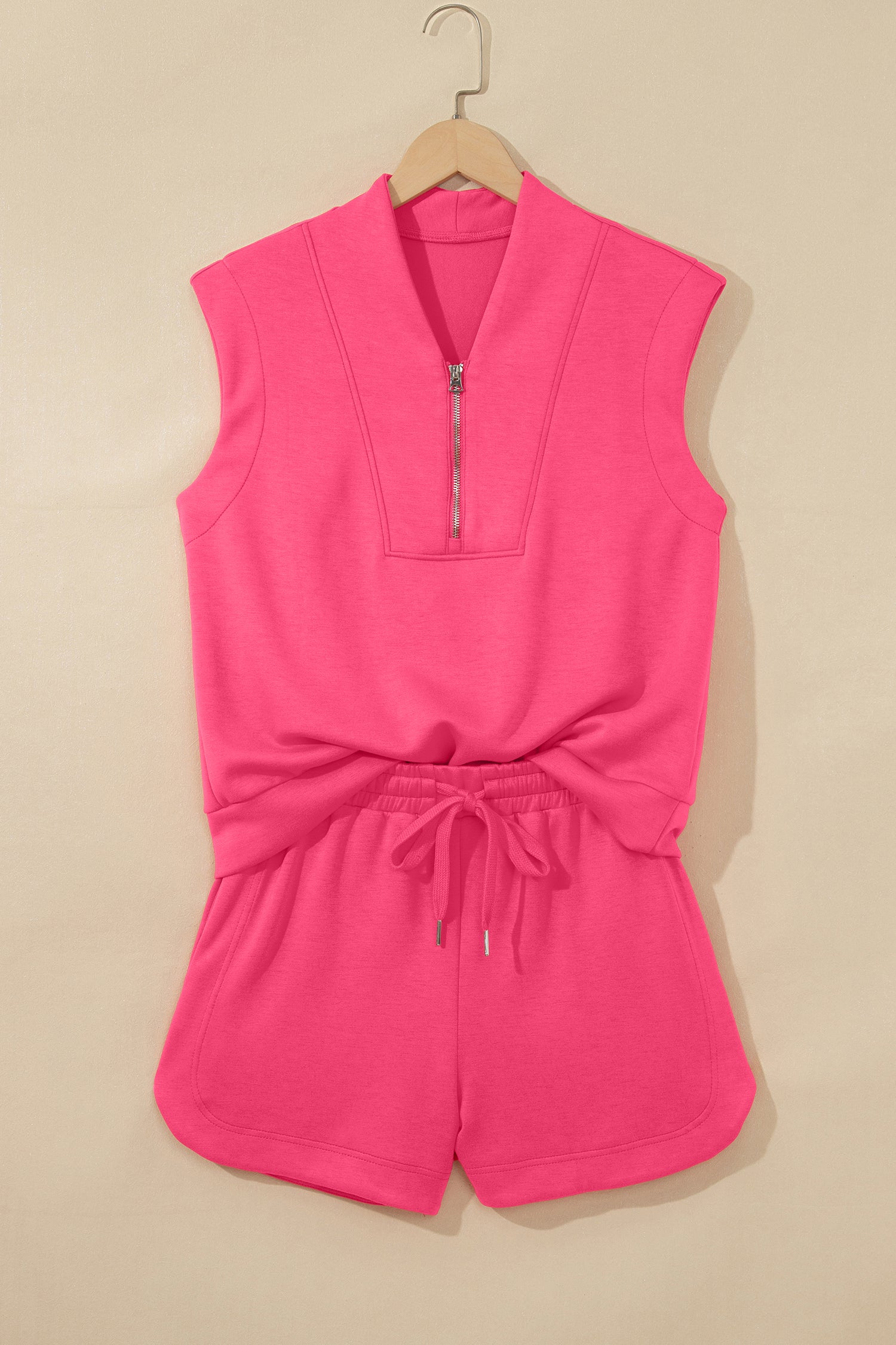Fiery Red Quarter Zip Sleeveless Top Drawstring Shorts Casual 2pcs Outfit