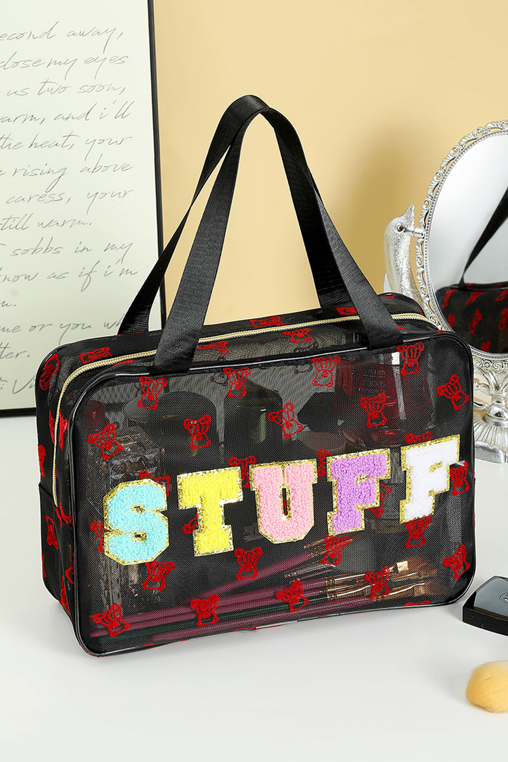 Color black STUFF Chenille Letter Patched Teddy Bear Mesh Lightweight Makeup Bag