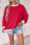 Racing Red Contrast Striped Trim Baggy Pullover Sweatshirt
