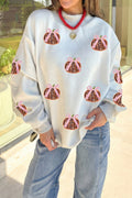 Light Grey Sequin Bow Pumpkin Patch Color Block High Neck Sweatshirt
